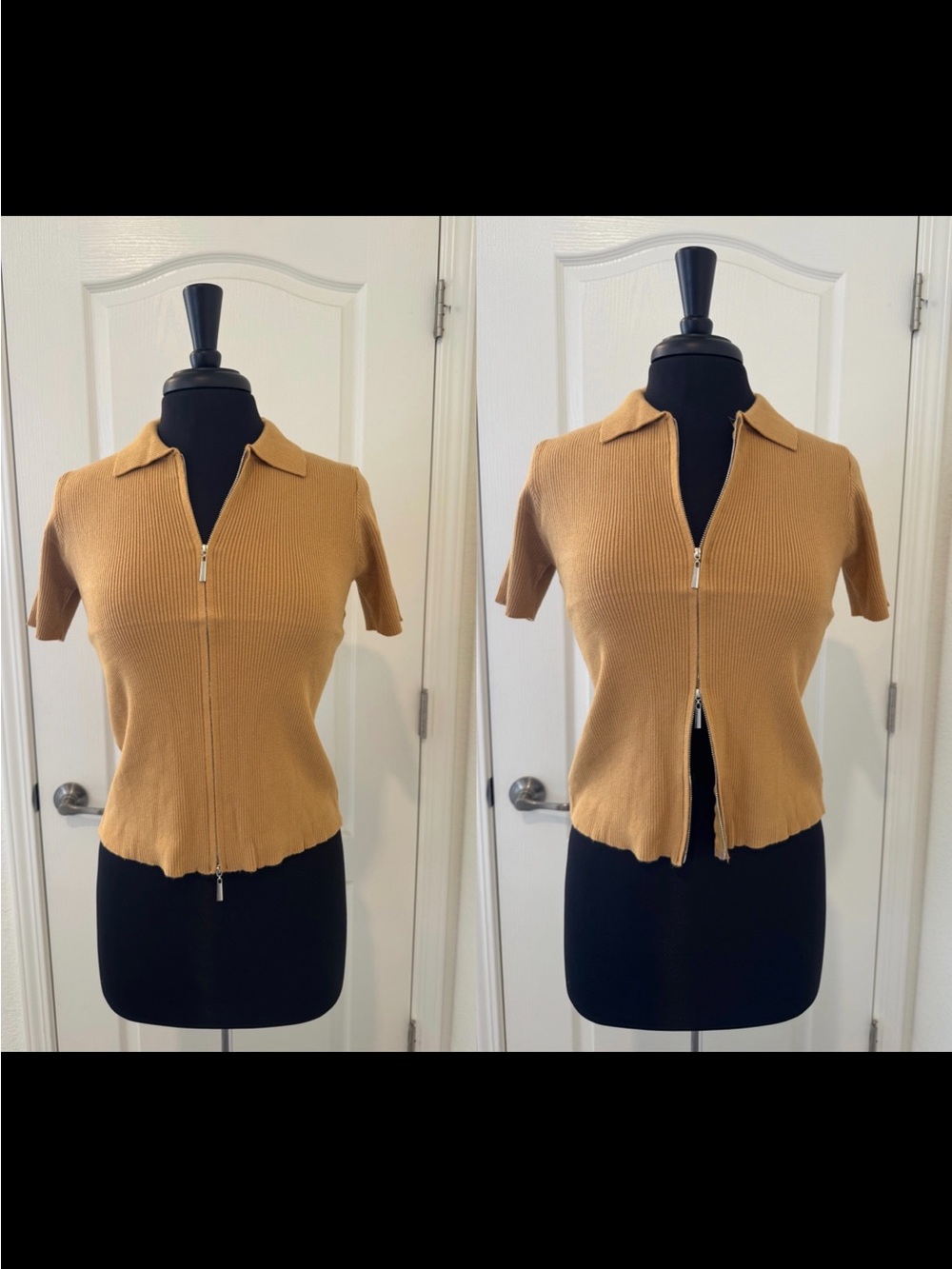 Zip-Front Ribbed Knit Polo Top in Tan